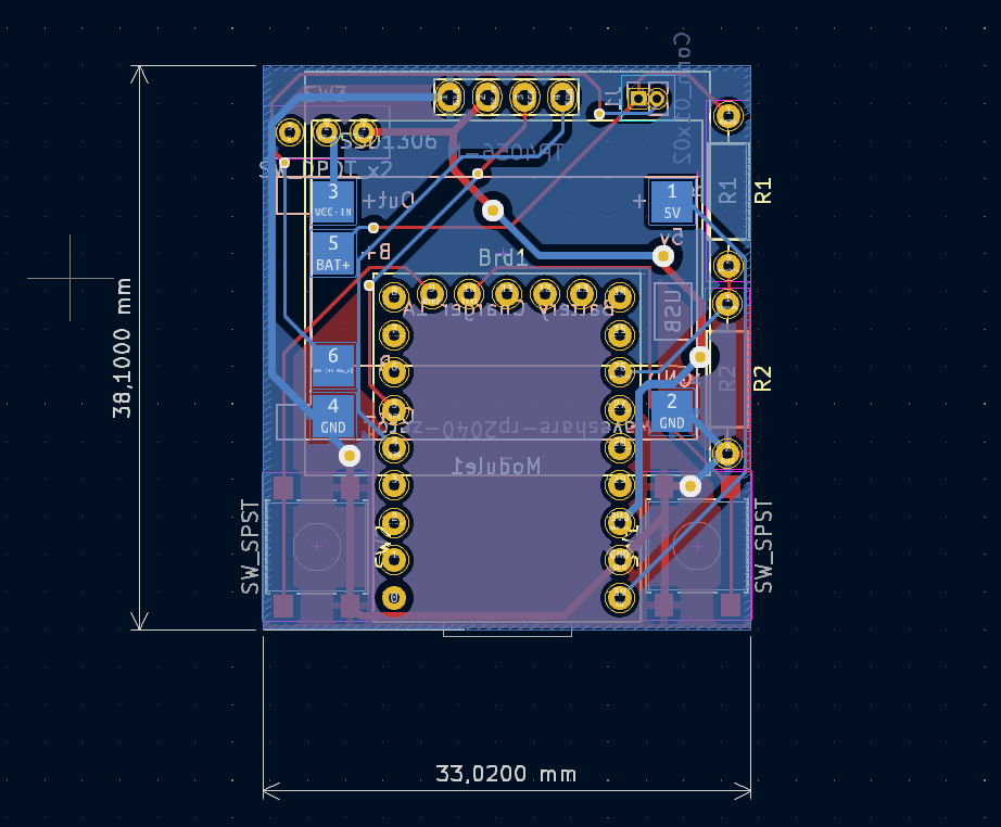 KiCad PCB layout of the padelscore 33×38mm board with two stackable MCU footprints.