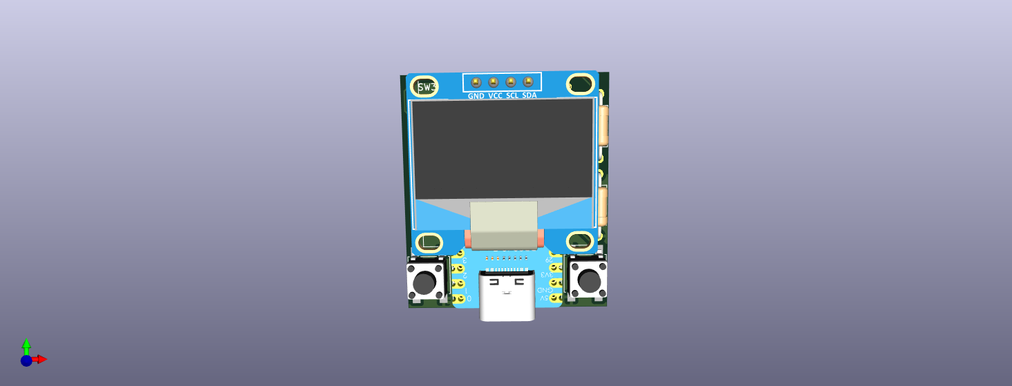 3D render, front view of the padelscore board with OLED and two large buttons.