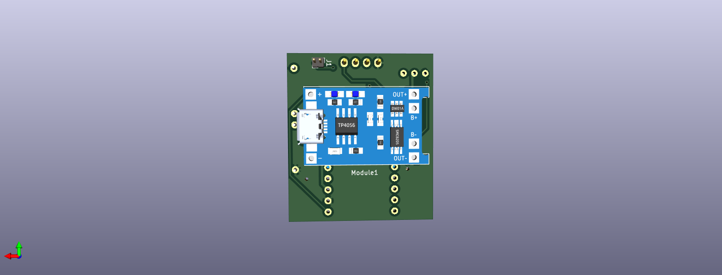 3D render, back view of the padelscore board showing the LiPo charging circuit.